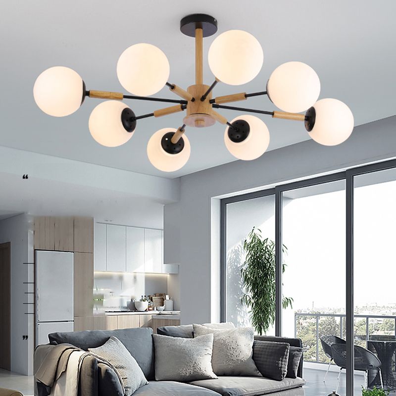 Modern Wood Chandelier Light Fixtures Globe Multi-Head Suspension Lamps for Living Room