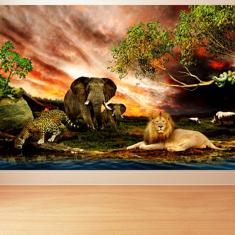 Tropics Riverside Savanna Animals Mural Brown Sunset Glow Wall Art for Living Room
