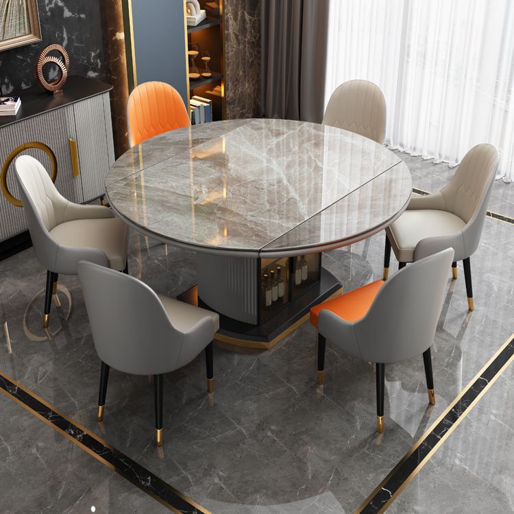 Grey Round Stone Tabletop Extendable Dining Table with Storage