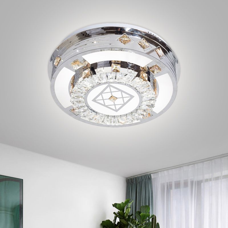 Chrome LED Round Flush Mount Lighting Modernist Faceted Crystal Ceiling Fixture in Warm/White Light, 19.5"/31.5" Wide