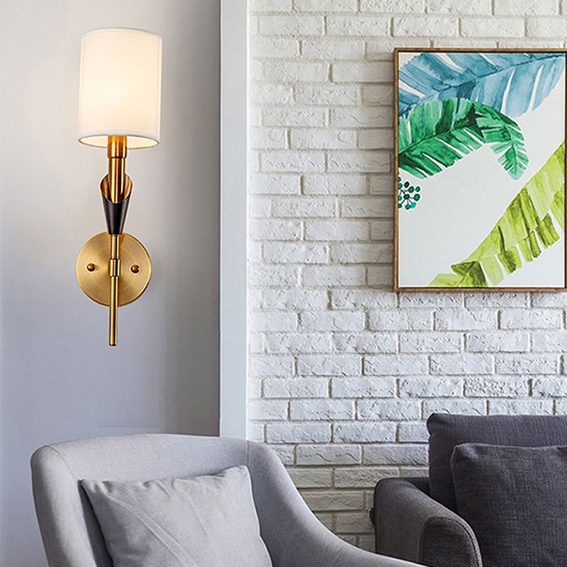 Cylinder Living Room Wall Sconce Light Traditional Metal 1/2-Light Gold Wall Lamp with Fabric Shade