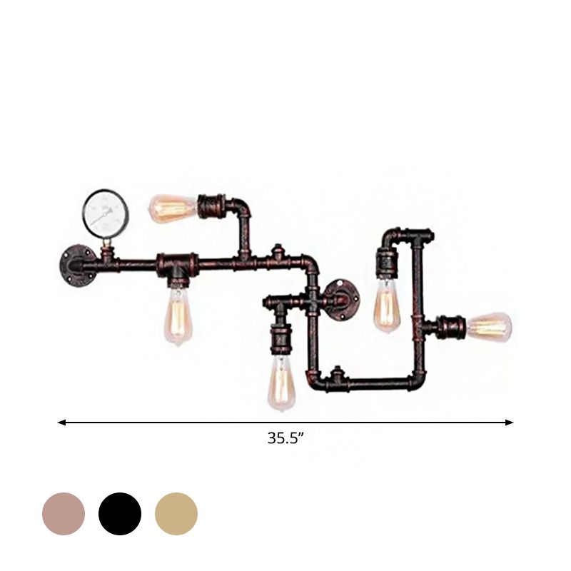 5 Bulbs Pipe System Wall Mount Lamp Industrial Antiqued Black/Brass/Rust Wall Light Kit with Decorative Gauge