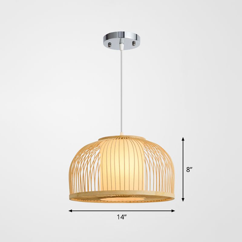 1 Bulb Restaurant Hanging Lighting Minimalist Wood Drop Pendant with Bowl Cage Bamboo Shade