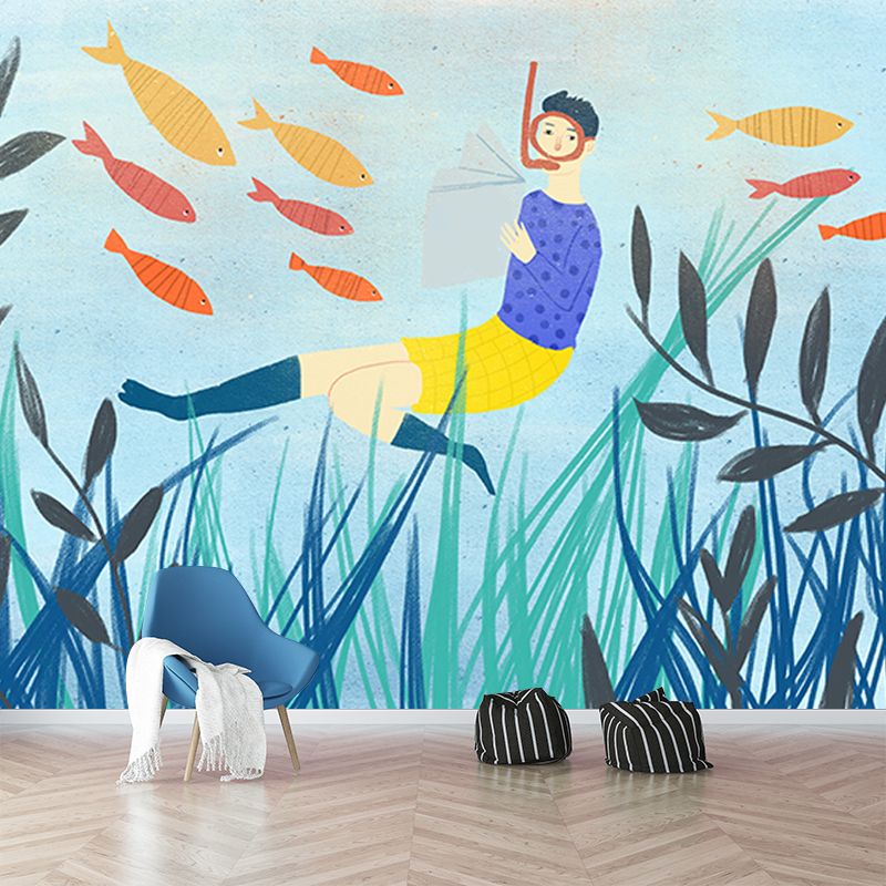 Blue Reading Undersea Mural Decal Moisture Resistant Wall Art for Childrens Bedroom