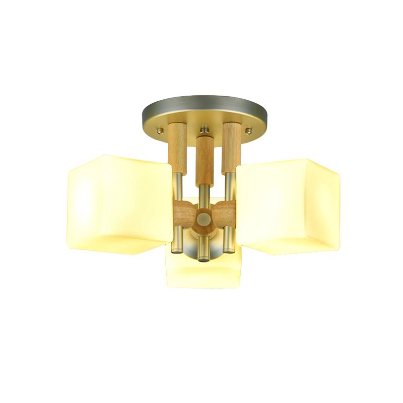Cube White Glass Semi Flush Light Fixture Modern 3-Light Wood Ceiling Mounted Lamp