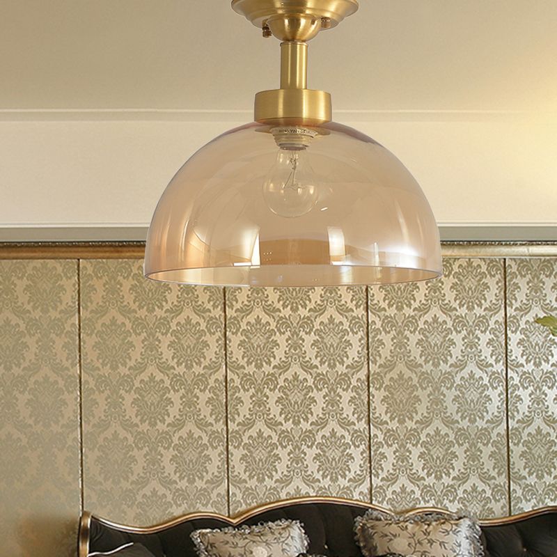1 Light Ceiling Light Fixture with Dome Shade Amber Glass Industrial Living Room Semi Flush in Brass
