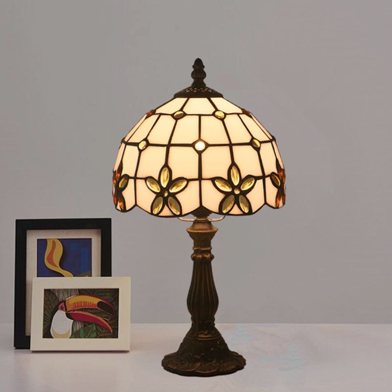Lattice Bowl White Glass Table Lamp Victorian 1 Light Red/Yellow/Blue Flower Patterned Nightstand Light