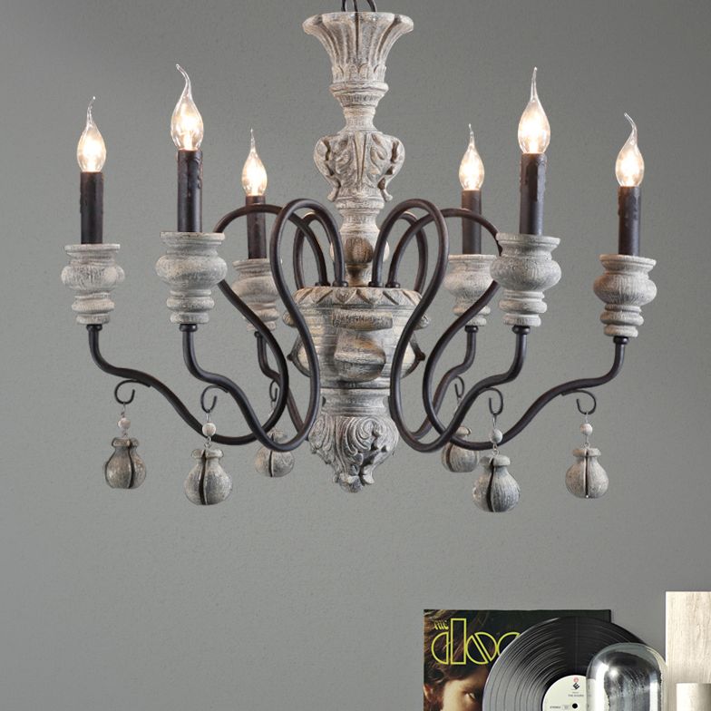 Rustic Style Traditional Candlestick Styling Chandelier Hand-carved Resin Suspension Lighting Fixture for Dining Room