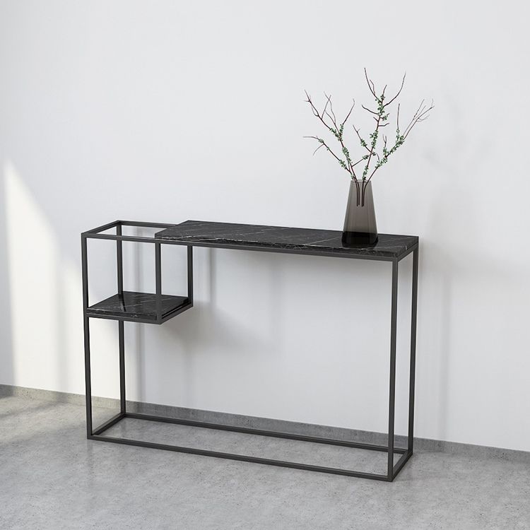 Rectangle Marble Top Console Table with Storage Shelf and Iron Frame Base