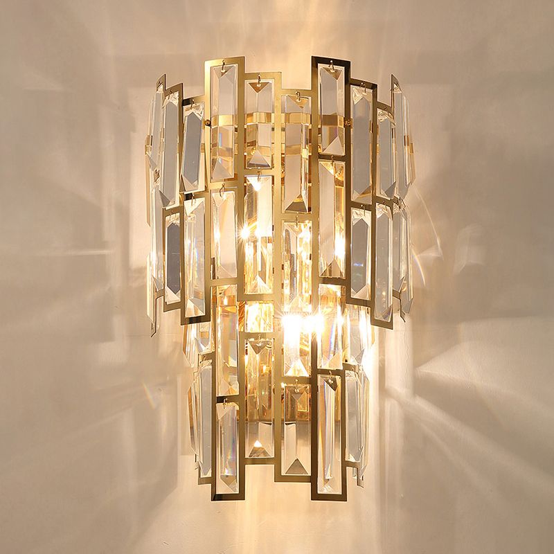 Gold Curved Sconce Light Fixture Postmodern 2-Bulb Crystal Rectangle Wall Lamp for Living Room