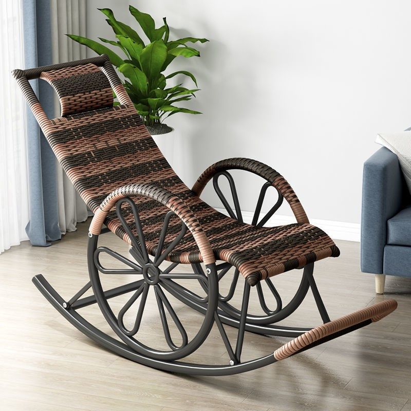 Rattan Modern Rocking Chair Woven Rope Rocker Chair in Black