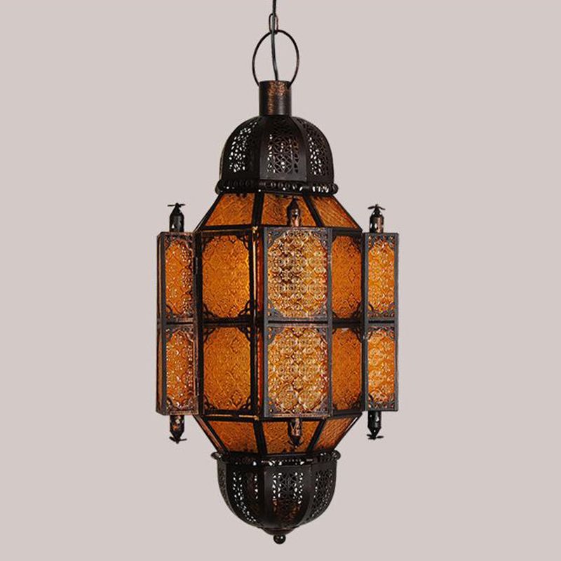 Black Lantern Pendant Vintage Metal 1-Bulb Restaurant Ceiling Light with Yellow Textured Glass Shade