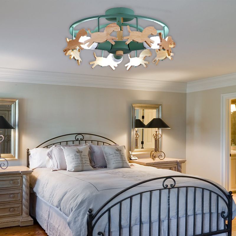 Macaron Merry-go-round Ceiling Light Metal Wood 3 Lights Green Semi Flush Light for Dining Room