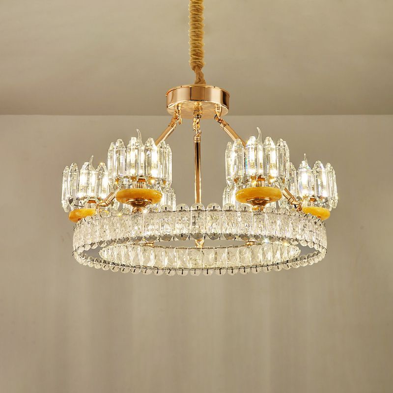 Cylinder Living Room Chandelier Lamp Modernism Crystal Block 6/8 Bulbs Gold Ring Ceiling Light