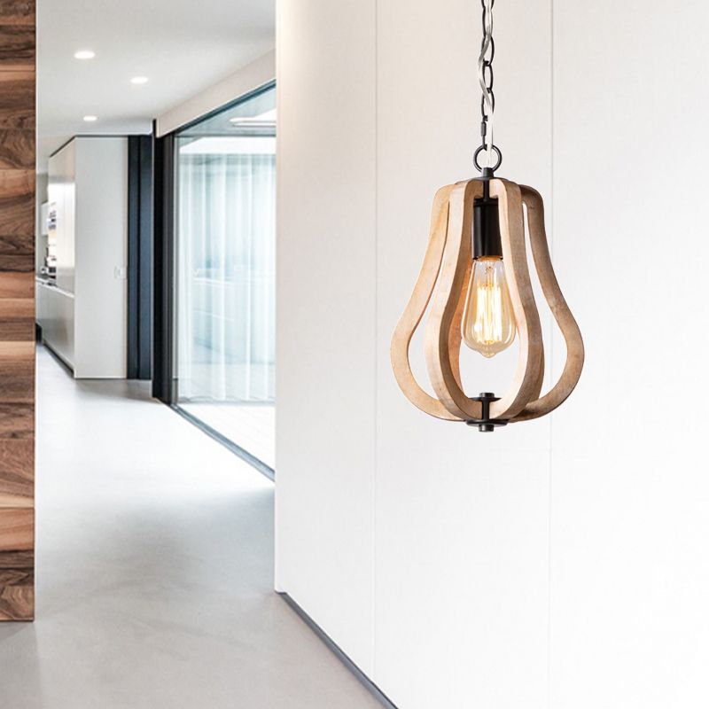 Houten kalebas hangende lamp met metalen ketting landelijke stijl 1 licht opgehangen licht in zwart