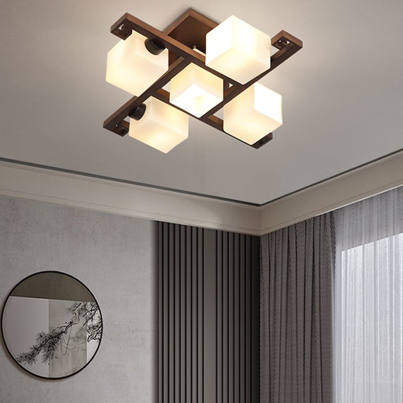 Square Shape Wood Flush Light Modern Style Multi Lights Flush Mount Fixture
