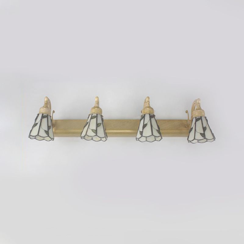Rustic Bathroom Lighting with Leaf Pattern Stained Glass 4 Lights Wall Sconce Lamp in Copper/Antique Brass/Beige