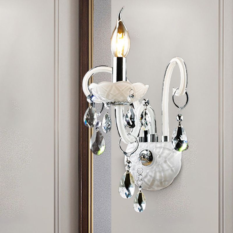 Modern Candelabra Wall Light Fixture White Glass 1/2 Heads Living Room Sconce Light with Teardrop Crystal Decoration