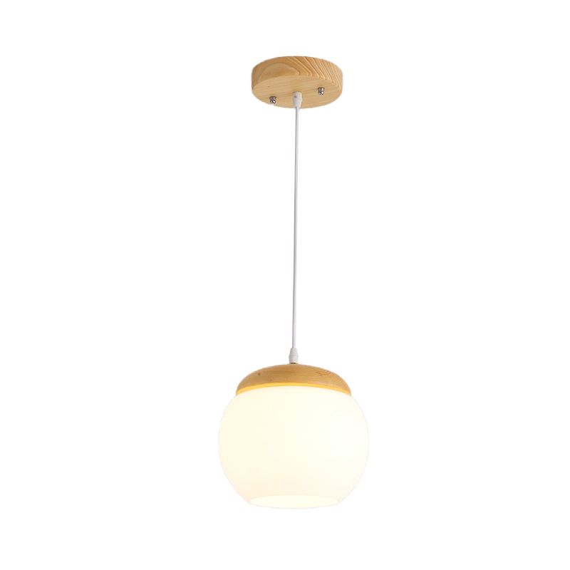 Sphere Hanging Light Fixture Simple Milky Glass 1-Head Wood Drop Pendant for Bedside