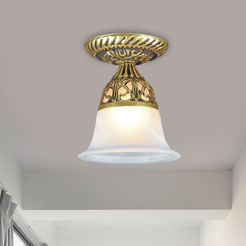 Bell Shape Hallway Flush Mount Lamp Farmhouse Frosted Glass 1-Head Brass Ceiling Light Fixture