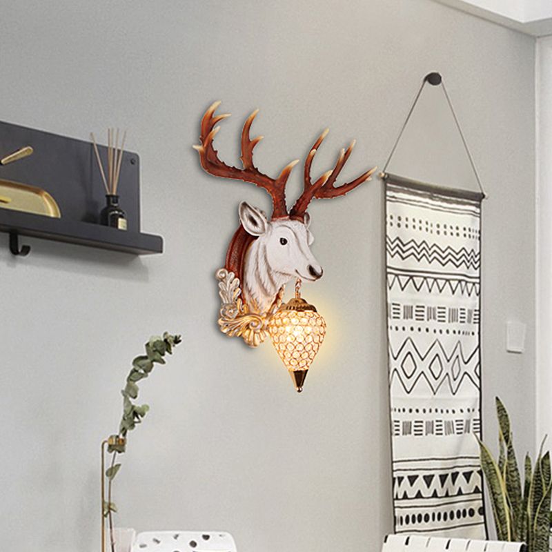 13"/26" W Single Resin Wall Light Fixture Country White/Yellow/Gold Deer Head Living Room Sconce Lamp with Teardrop Crystal Shade