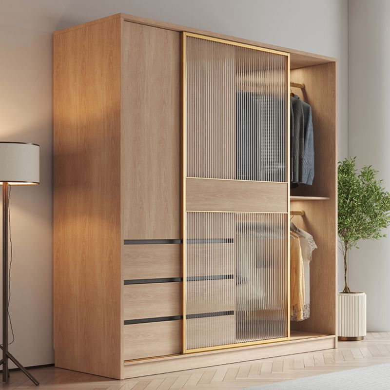 Contemporary Glass Sliding Doors Wardrobe Natural Wood Wardrobe with Drawers