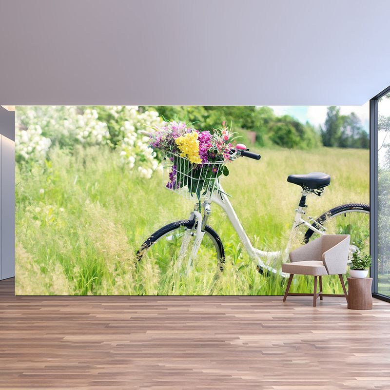 Modern Photography Mural with Bike and Flower Wallpaper Wall Covering for Dining Room