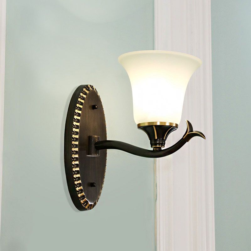 Bell Living Room Wall Light Sconce Vintage Style Metal 1/2 Lights Black Wall Lamp with White Glass Shade