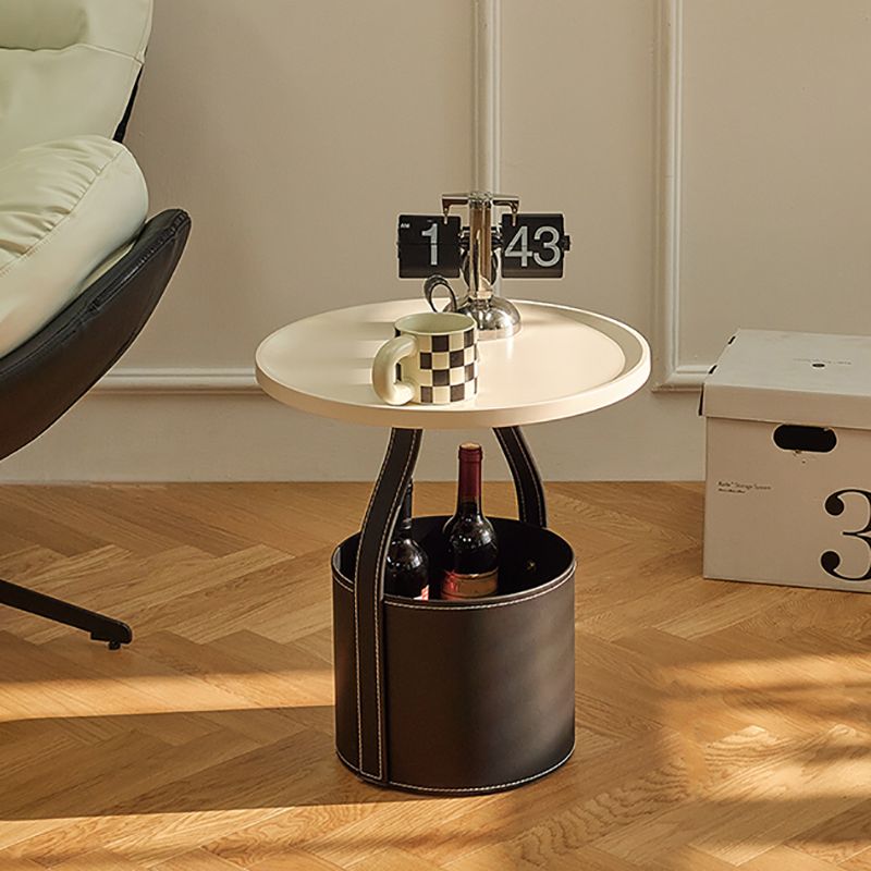 Contemporary Round Side End Table Leather Pedestal End Table