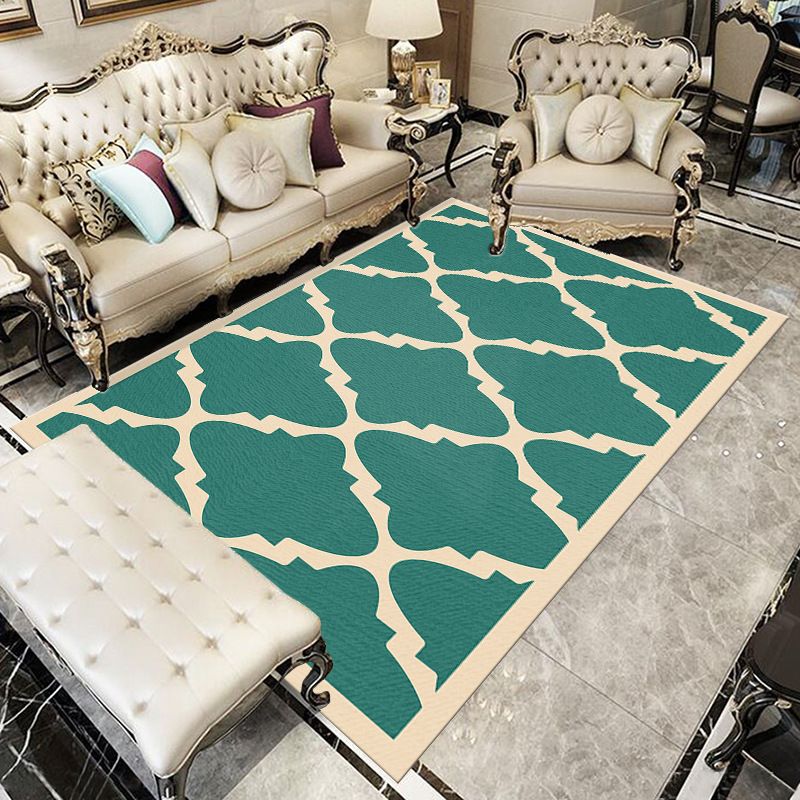 Chic Modern Area Rug Green Geometric Pattern Rug Polyester Non-Slip Backing Carpet for Home Decor