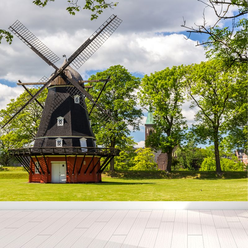 European Windmill Mural Wallpaper for Dining Room Summer Wall Decor, Custom Printed