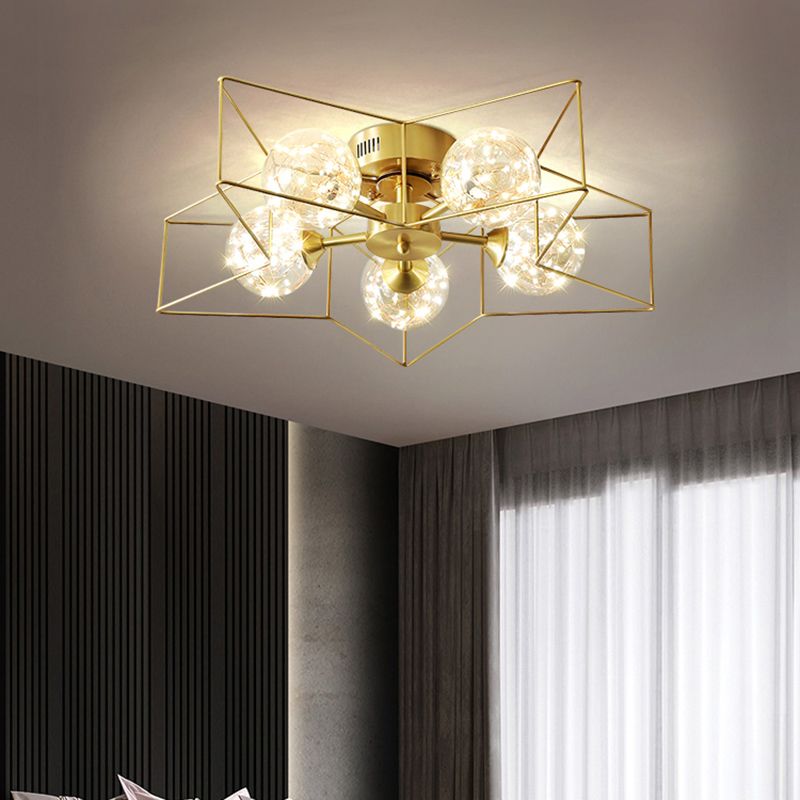 Clear Glass Sphere LED Semi Flush Modern Style 5 Heads Brass Flush Ceiling Light Fixture with Star Metal Frame