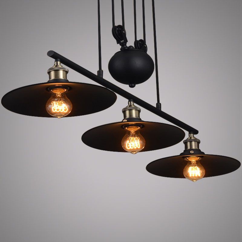 3 Lights Pulley Pendant Industrial Metal Black Hanging Island Light with Flared Shade