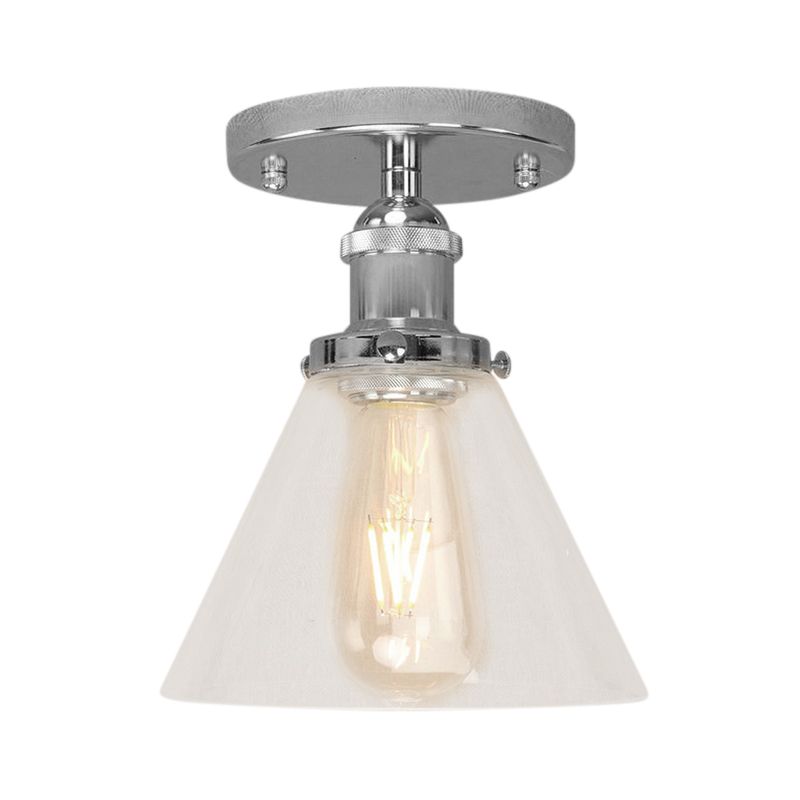 Single Bulb Semi-Flush Mount Industrial Conical Clear Glass Ceiling Light in Black / Brass / Copper