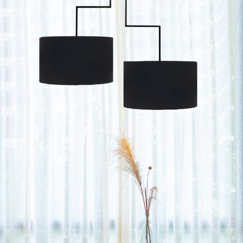 2 Bulbs Drum Chandelier Light Traditional Black/White Fabric Hanging Ceiling Fixture for Dining Room, 23"/27" Wide