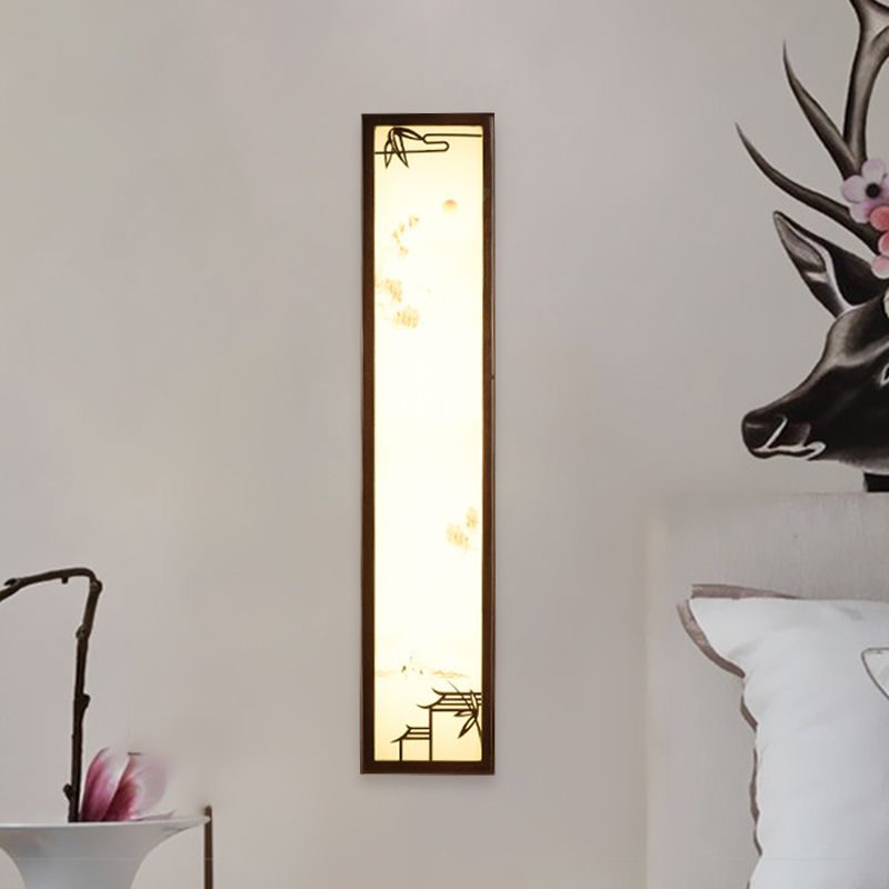 Acrylic Rectangle Mural Light Flush Mount Asian Brown LED Wall Light Sconce with Bamboo and House Pattern