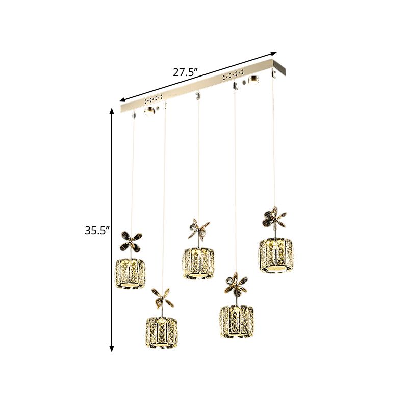 Modern Cylinder Hanging Lamp Faceted Crystal Dining Room LED Multi Light Pendant in Chrome with Round/Linear Canopy, 13.5"/27.5" Wide