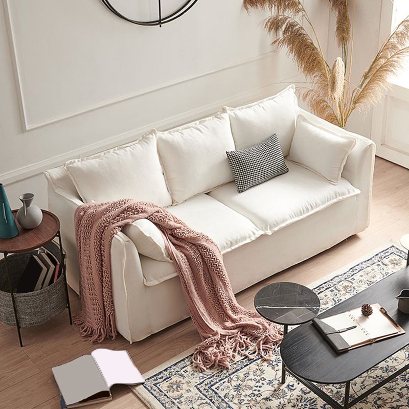 White Linen Contemporary Standard Square Arm Sofa for Living Room, Apartment