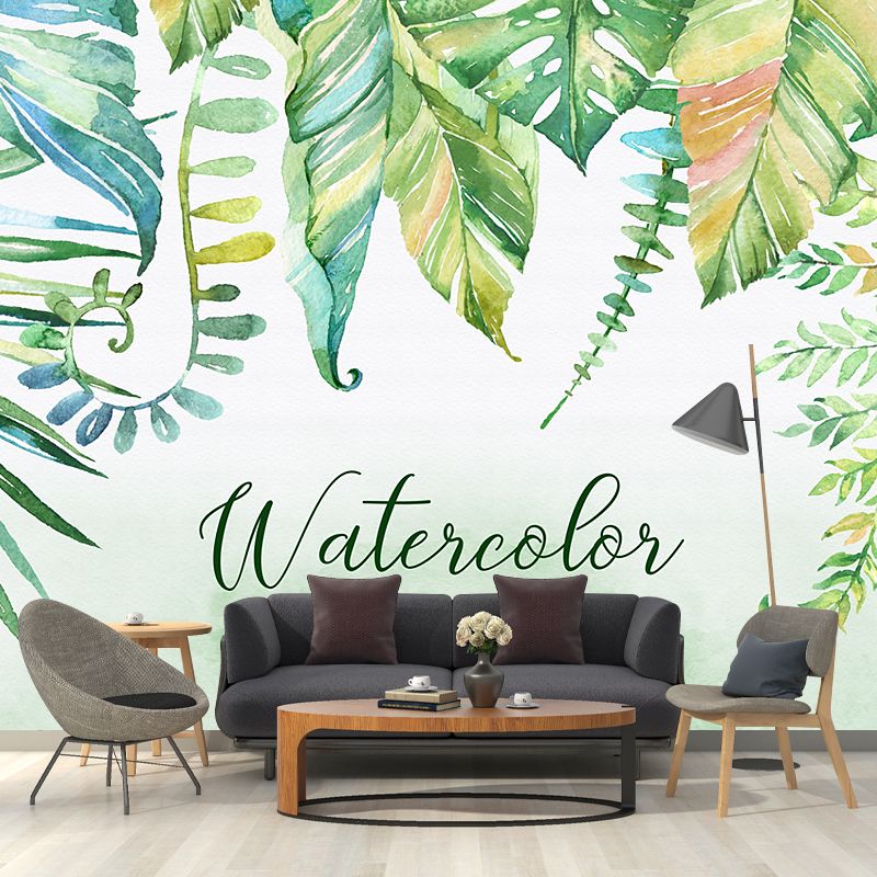 Whole Plants Wall Mural Decal Tropical Relaxing Watercolor Leaf Wall Art in Yellow-Green