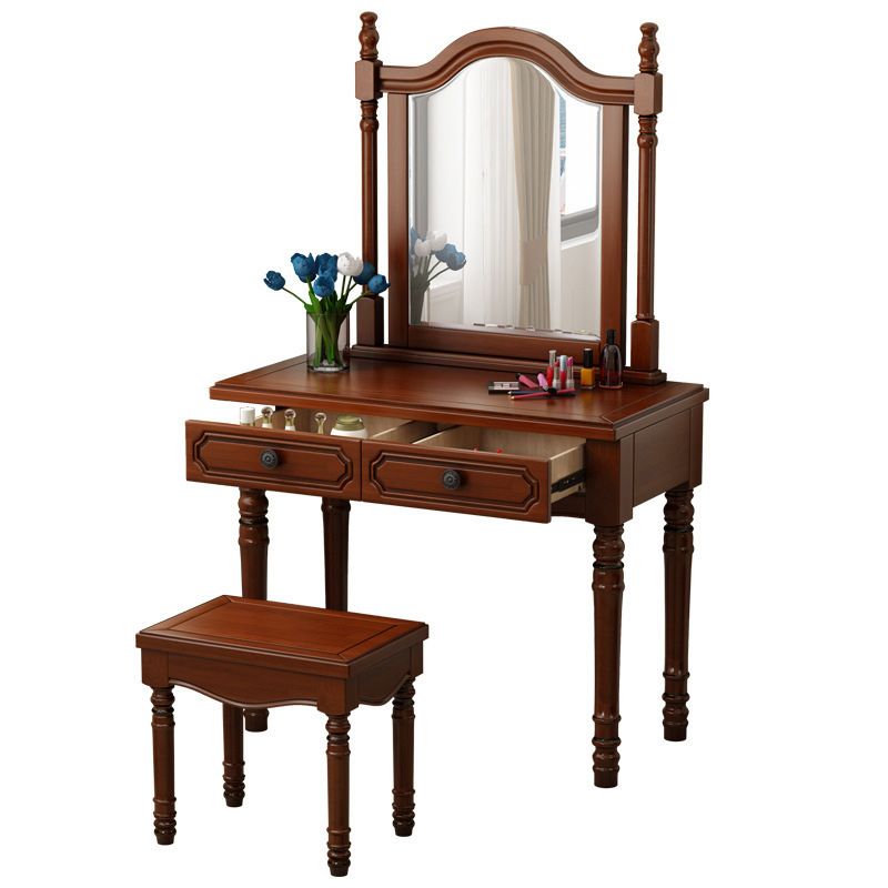 Traditional Mirrored Vanity Set Solid Wood Dressing Table with Stool