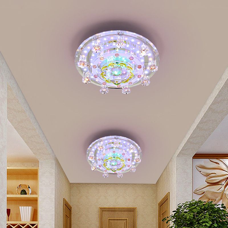 LED Corridor Ceiling Light Modern Chrome Flush Mount Fixture with Floral Crystal Shade