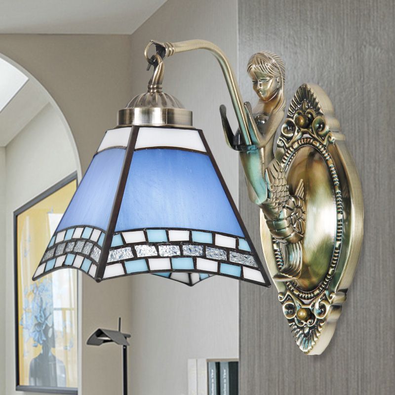 Trapezoid Wall Light Fixture Mission Blue Cut Glass 1-Light Bronze Wall Mount Lamp with Mermaid Arm