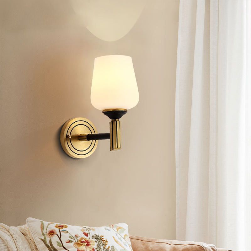 Vintage Conical Wall Light 1/2-Head Frosted Glass Wall Sconce Lighting in Black-Gold for Foyer