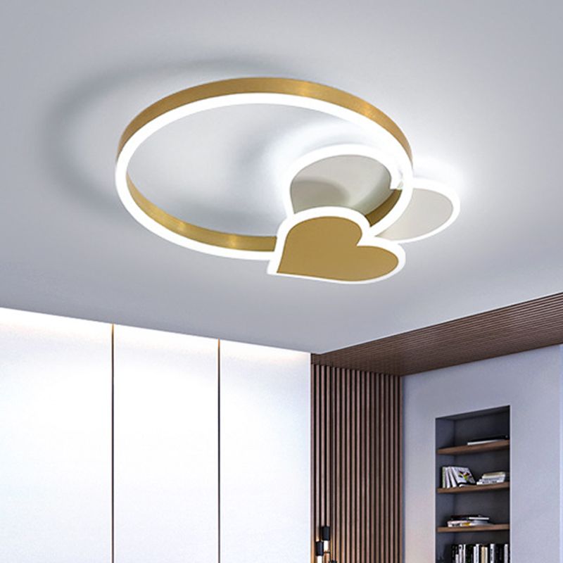 Simplicity LED Ring Ceiling Lighting Gold Loving Heart Flush Mount Lamp with Acrylic Shade in Warm/White Light