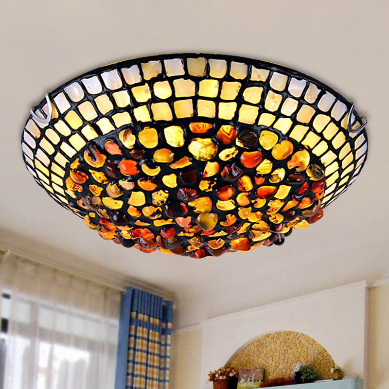 Agate Amber Ceiling Light Dome Shade Mediterranean Flush Mount Lighting with Shell Decor