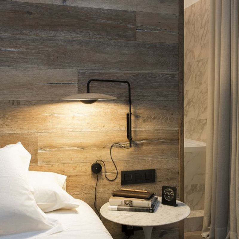 Modern Swing Arm Wall Sconce Circle Shape Wall Light with Metal Shade for Bedroom