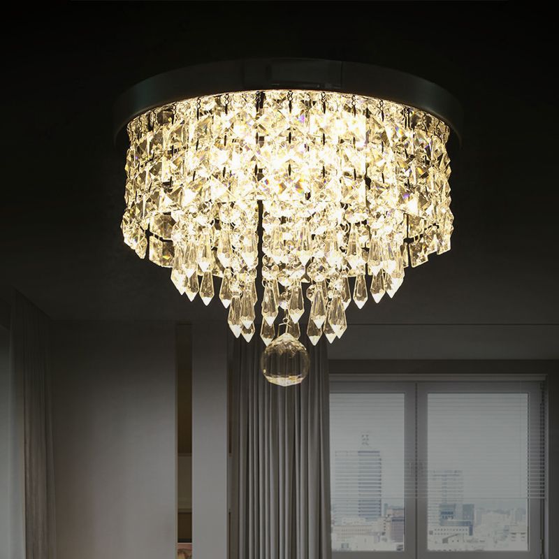 Drum Layered Flush Mount Light Crystal Glam Ceiling Light Fixture in Chrome