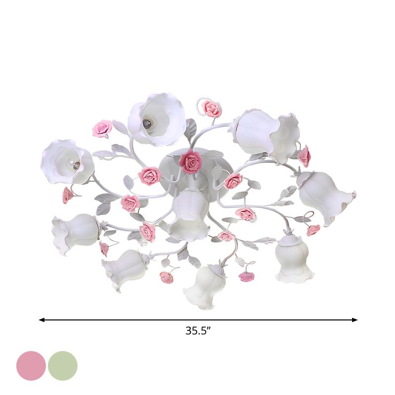 Frosted Cream Glass Ruffle Ceiling Light Countryside 9 Lights Bedroom Semi Flush Mounted Lamp in Pink/Green