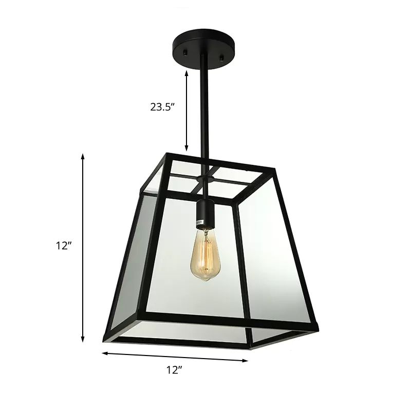 Industrial Trapezoid Pendant Lighting 1 Light Clear Glass Hanging Light Fixture in Black, 12" /14" Wide
