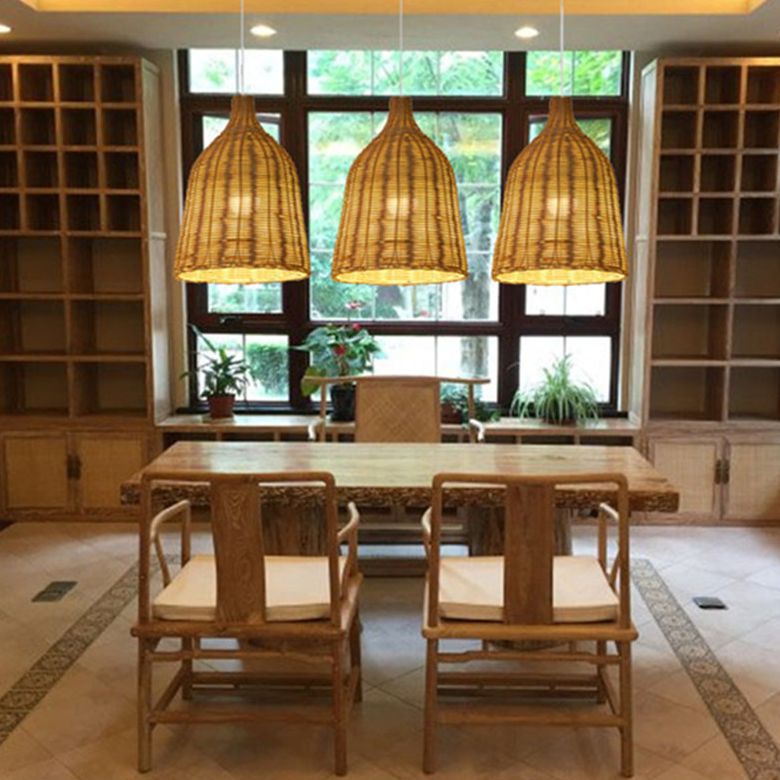 Chinese Basket Pendant Lighting Fixtures Rattan Hanging Light with Hanging Cord for Restaurant